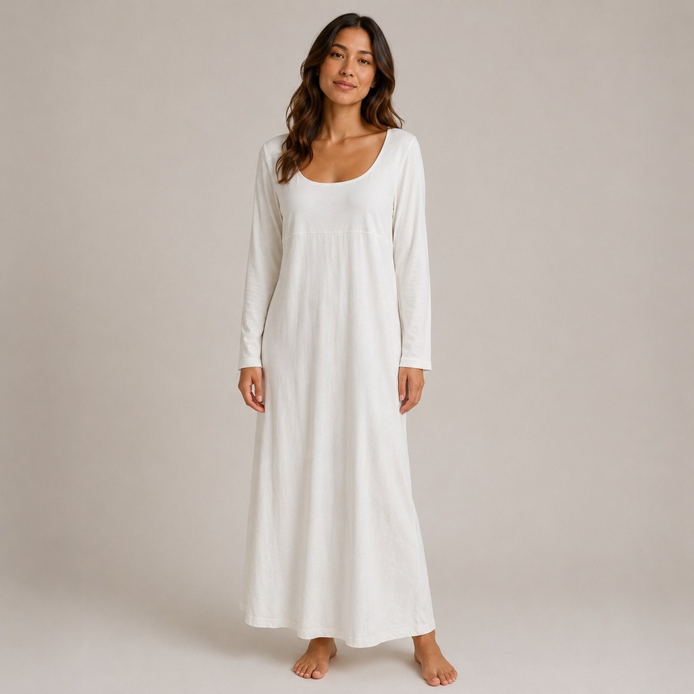 P.Jamas White 100% Pima Cotton Long Sleeve Nightgown Empire Waist Womens Medium